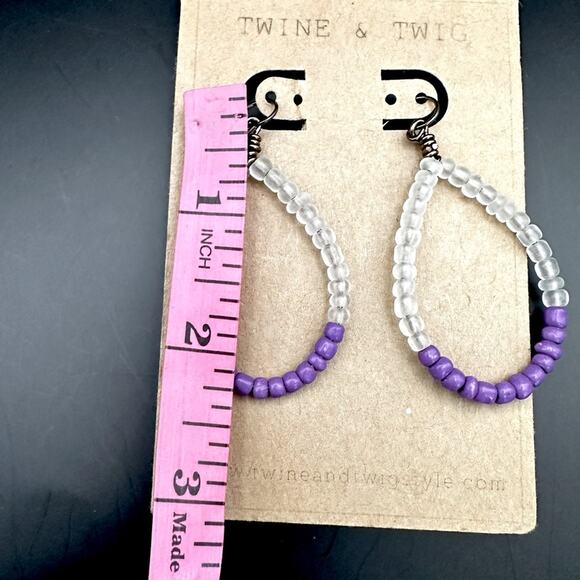 Twine & Twig Drop Earrings beaded Drop Dangle Oversized Purple Boho Clear Hoop - Picture 3 of 4